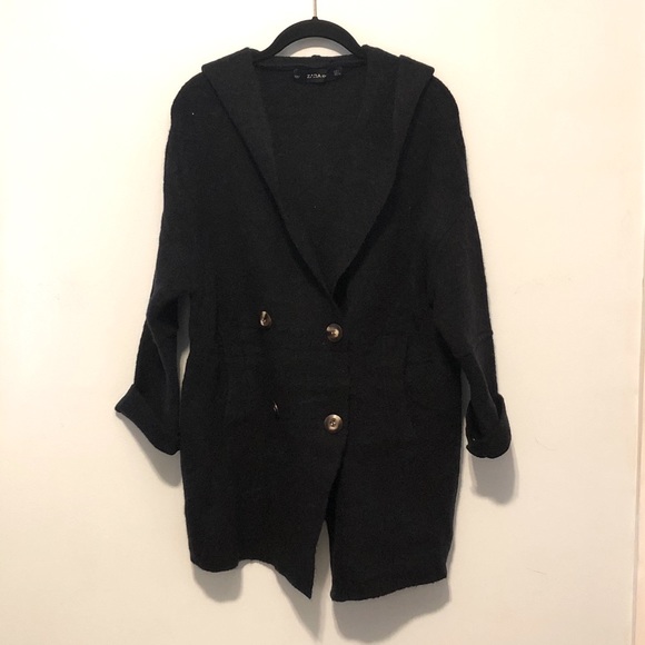 Zara Knit Hooded Double-Breasted Cardigan Navy L - Picture 2 of 8